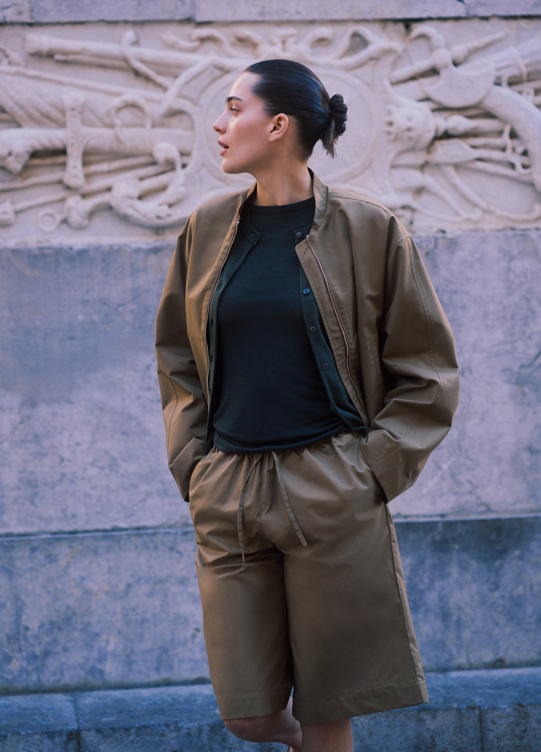 Stefanel - Bermuda in satin con coulisse, Donna, Verde oliva, Taglia XS