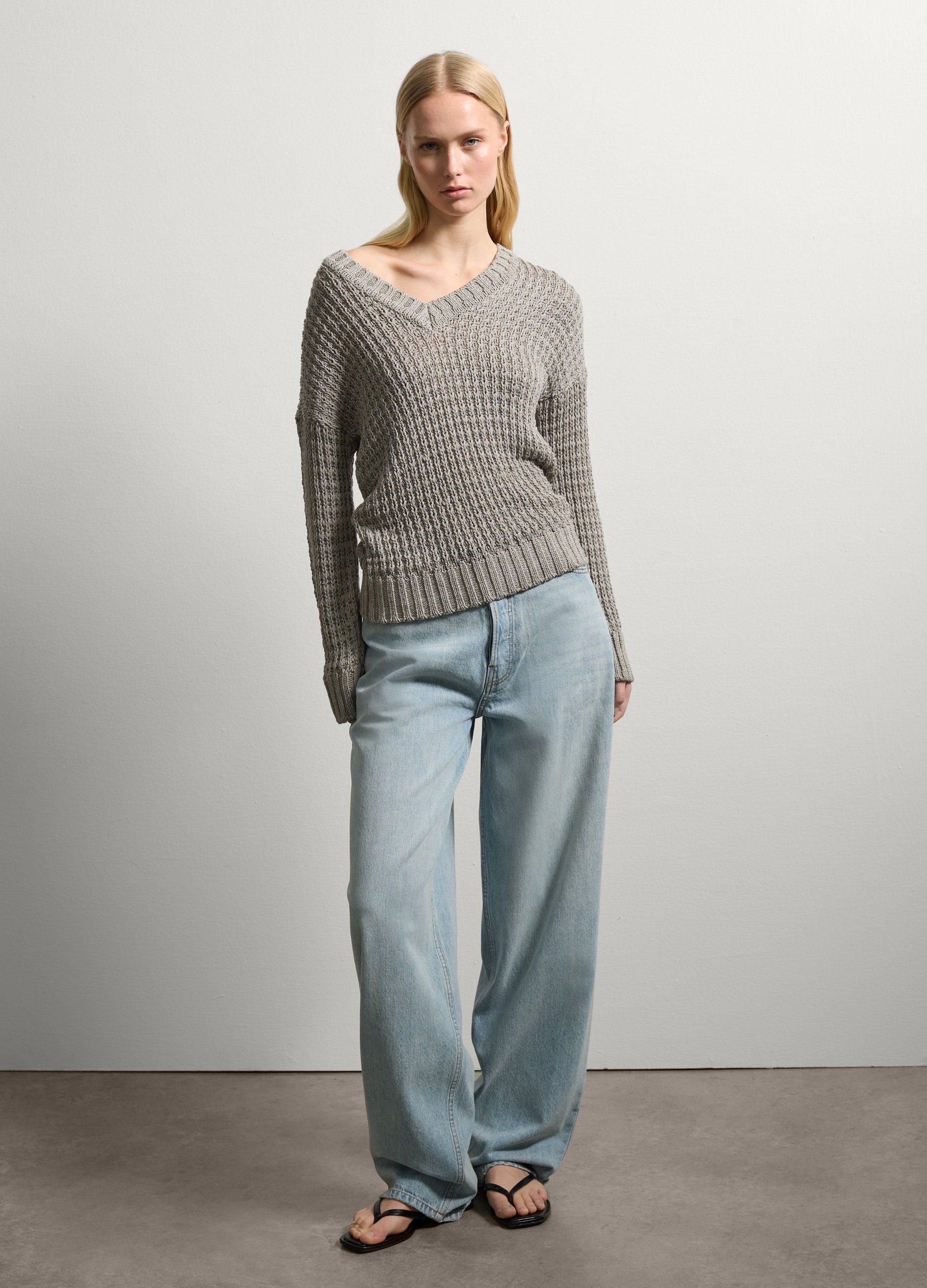 Stefanel - Maglia a coste inglesi scollo a V, Donna, Grigio pietra, Taglia S