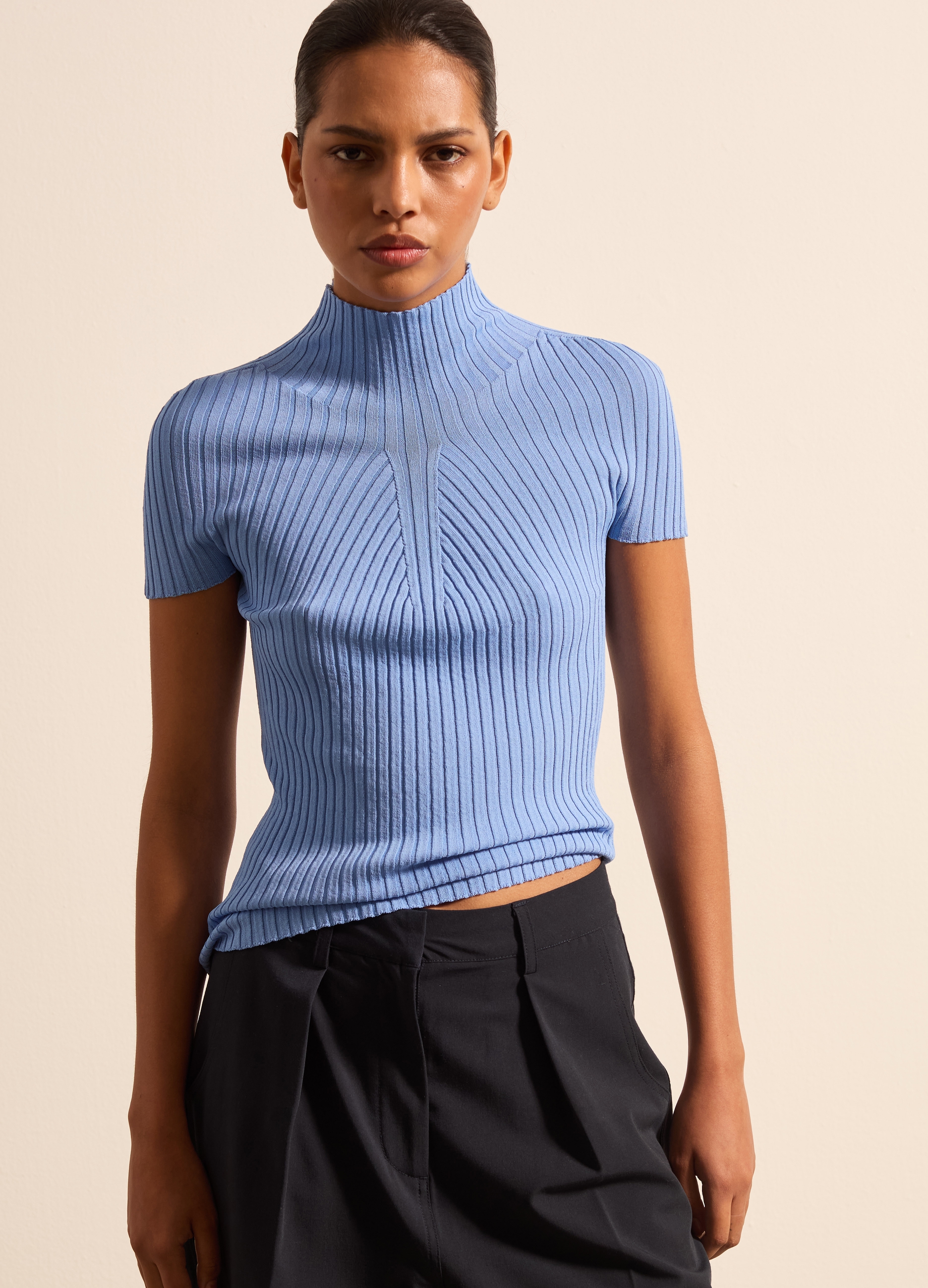 Stefanel - Maglia in crêpe a coste piatte, Donna, Blu chiaro, Taglia XS