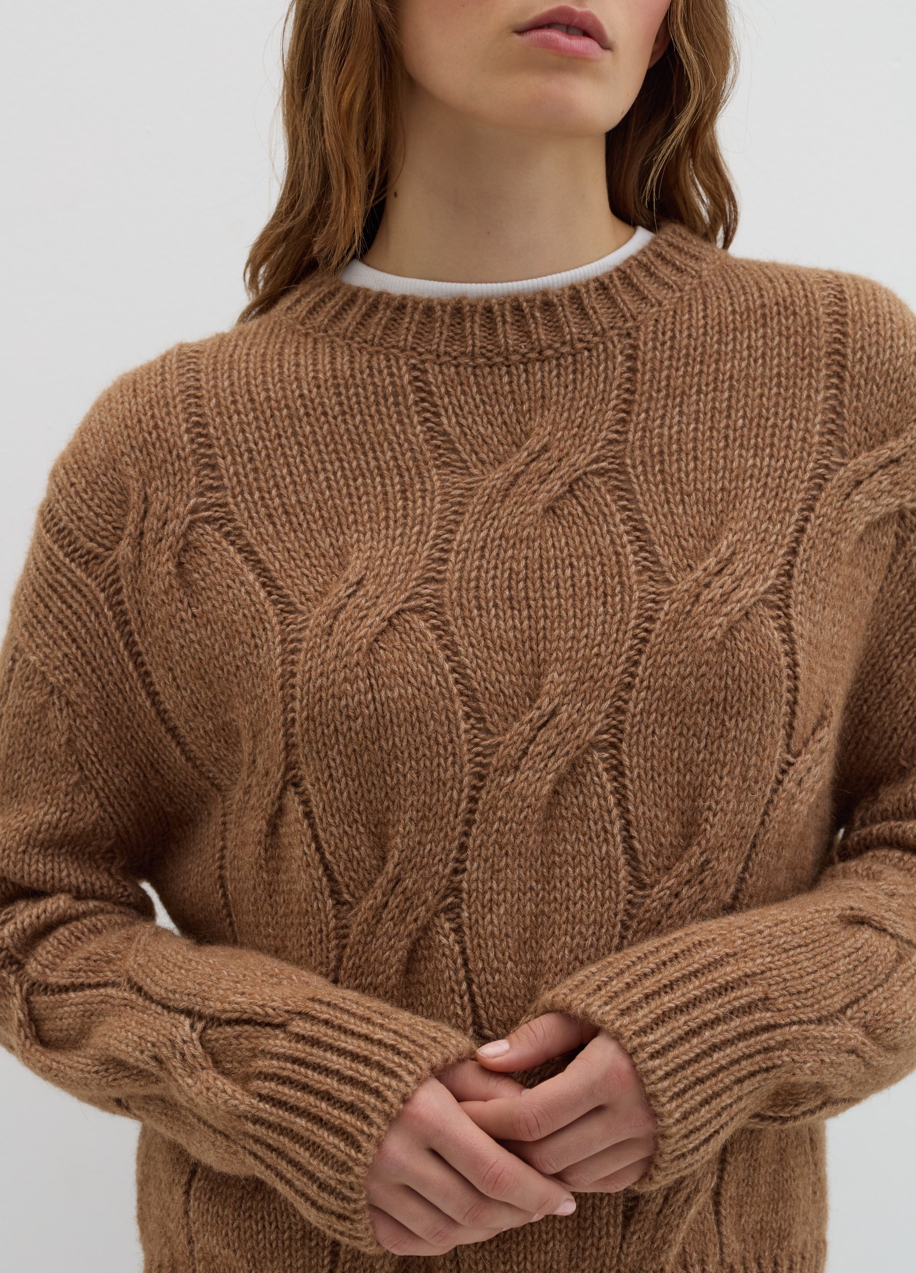 Stefanel - Pullover oversize con lavorazione a treccia, Donna, Marrone tabacco chiaro, Taglia S