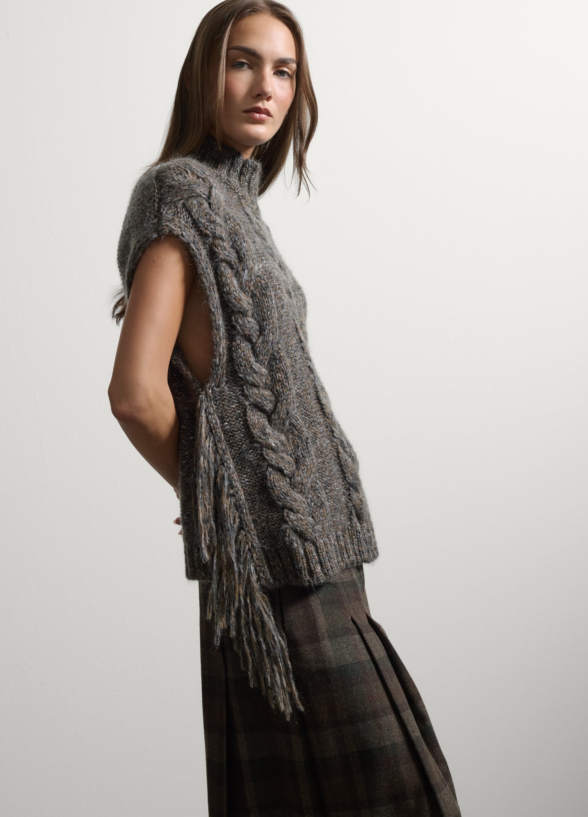 Stefanel - Maglia marrone in misto mohair e lana con frange, Donna, Marrone/Grigio, Taglia XL