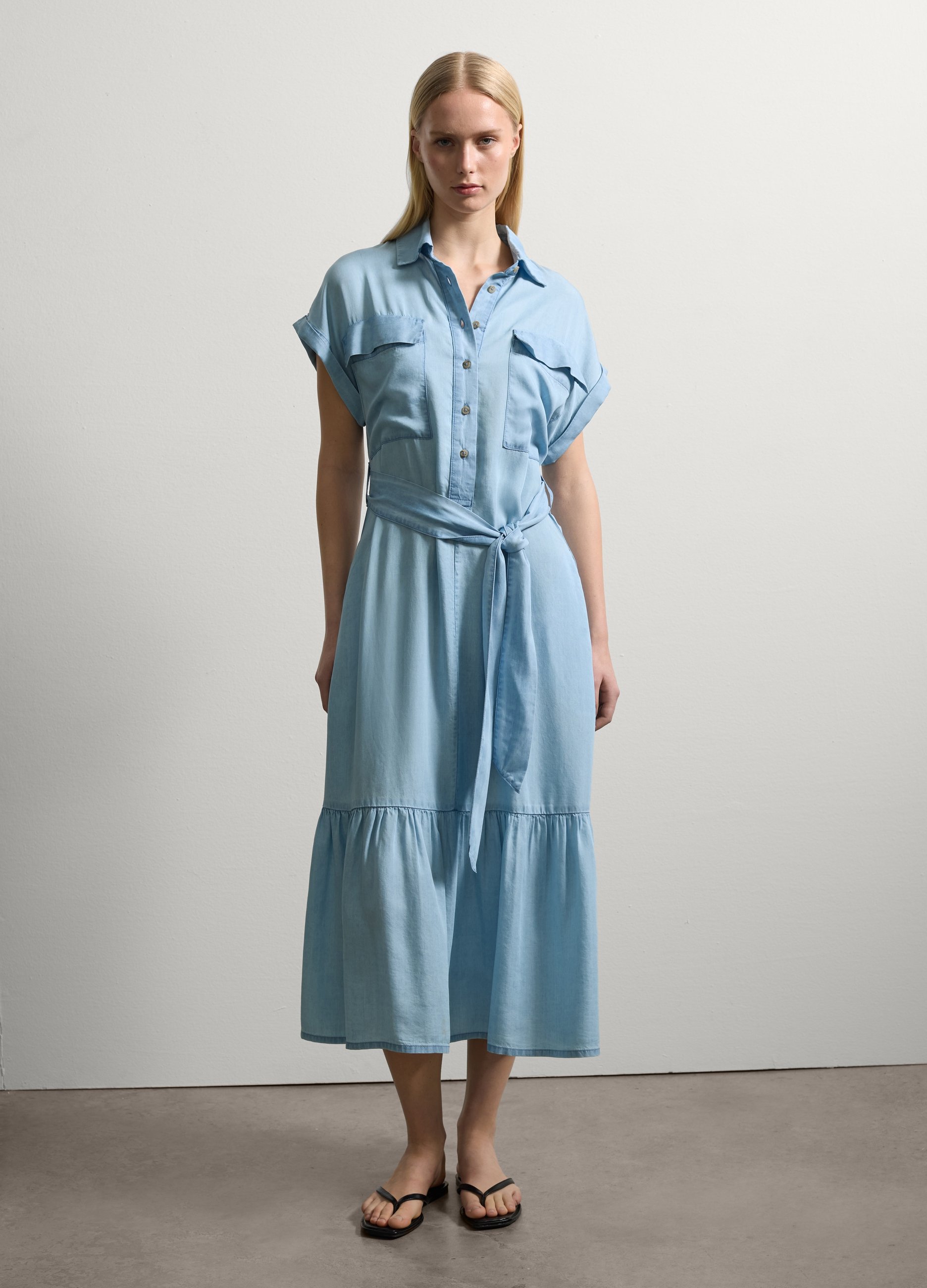 Stefanel - Vestito fluido chemisier effetto denim, Donna, Lavaggio chiaro, Taglia XS