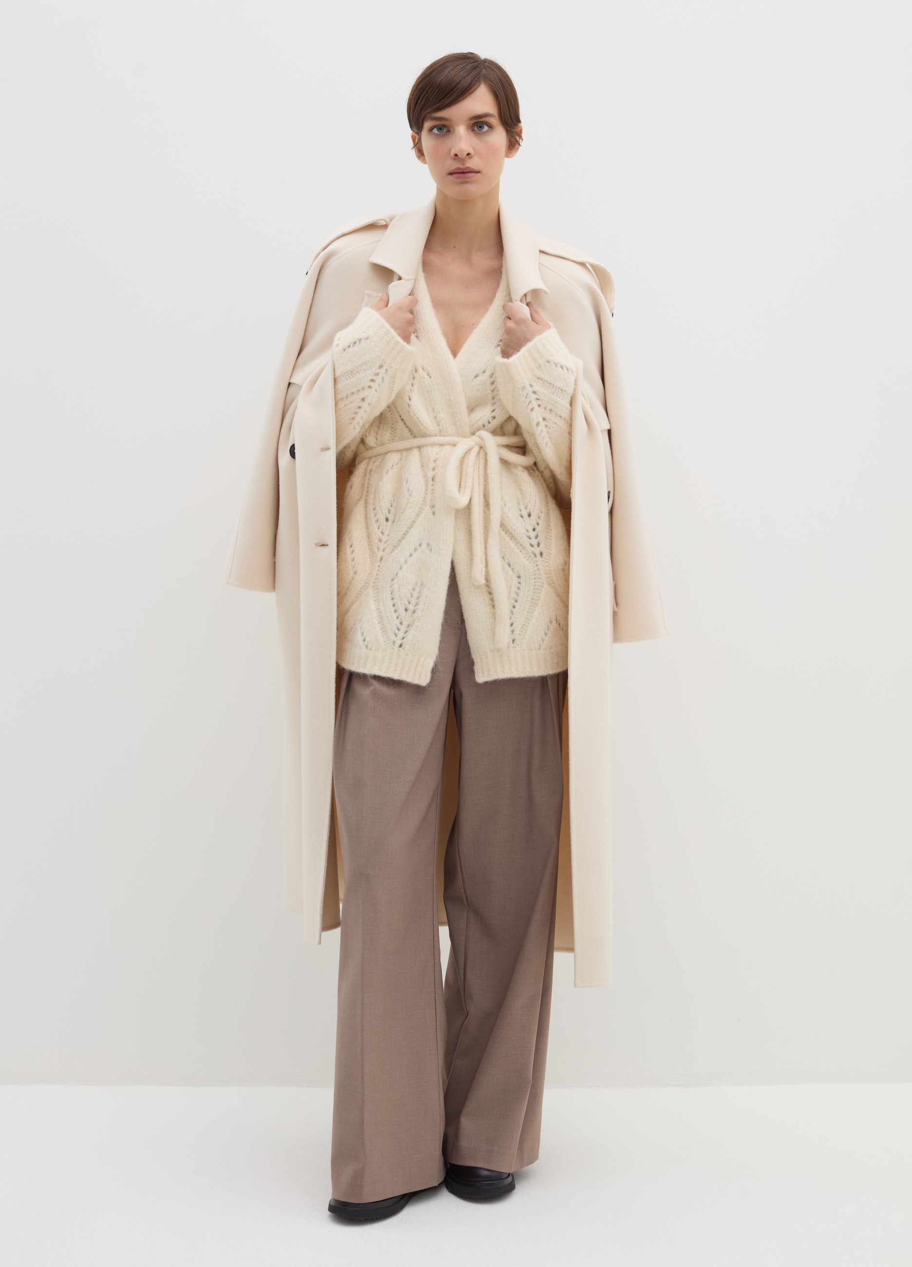 Stefanel - Cardigan in alpaca con cintura, Donna, Bianco panna, Taglia S