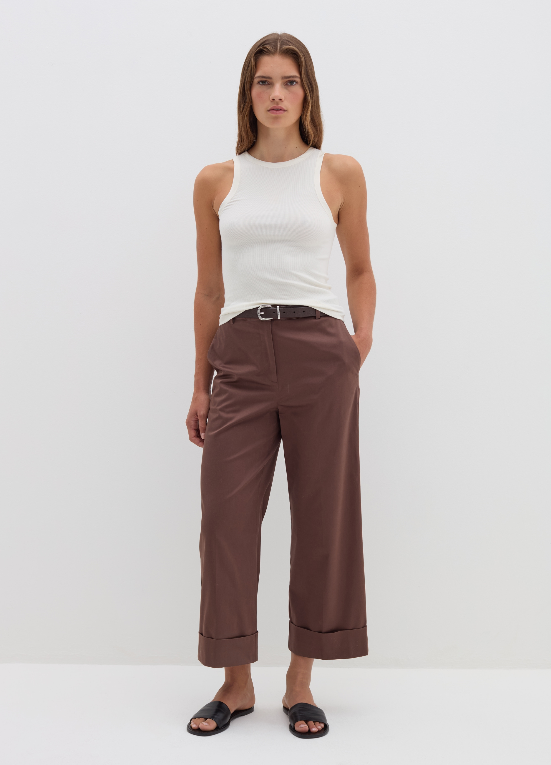 Stefanel - Pantalone a gamba larga con risvolti, Donna, Marrone cioccolato, Taglia 42