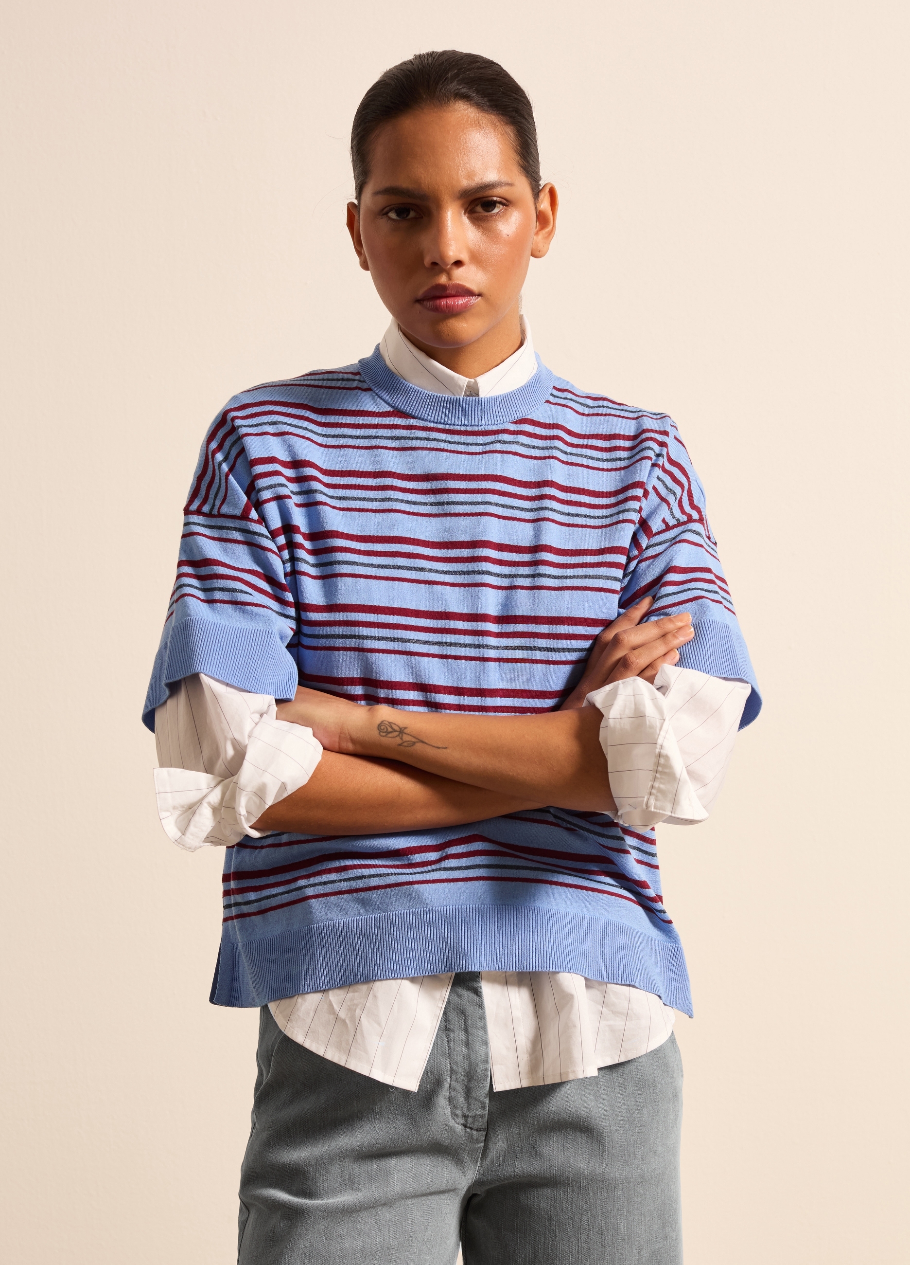 Stefanel - Maglia in crêpe a righe con lurex, Donna, Azzurro/Rosso, Taglia XS