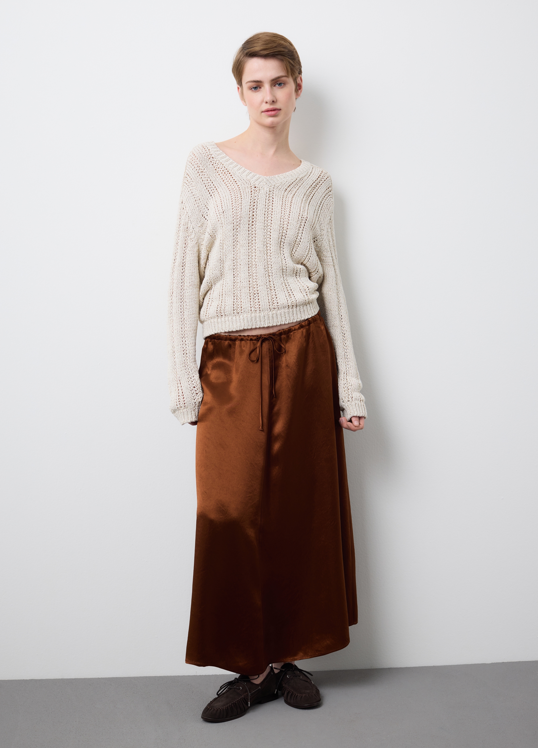 Stefanel - Gonna lunga in puro acetato marrone regular fit, Donna, Marrone chiaro, Taglia XS