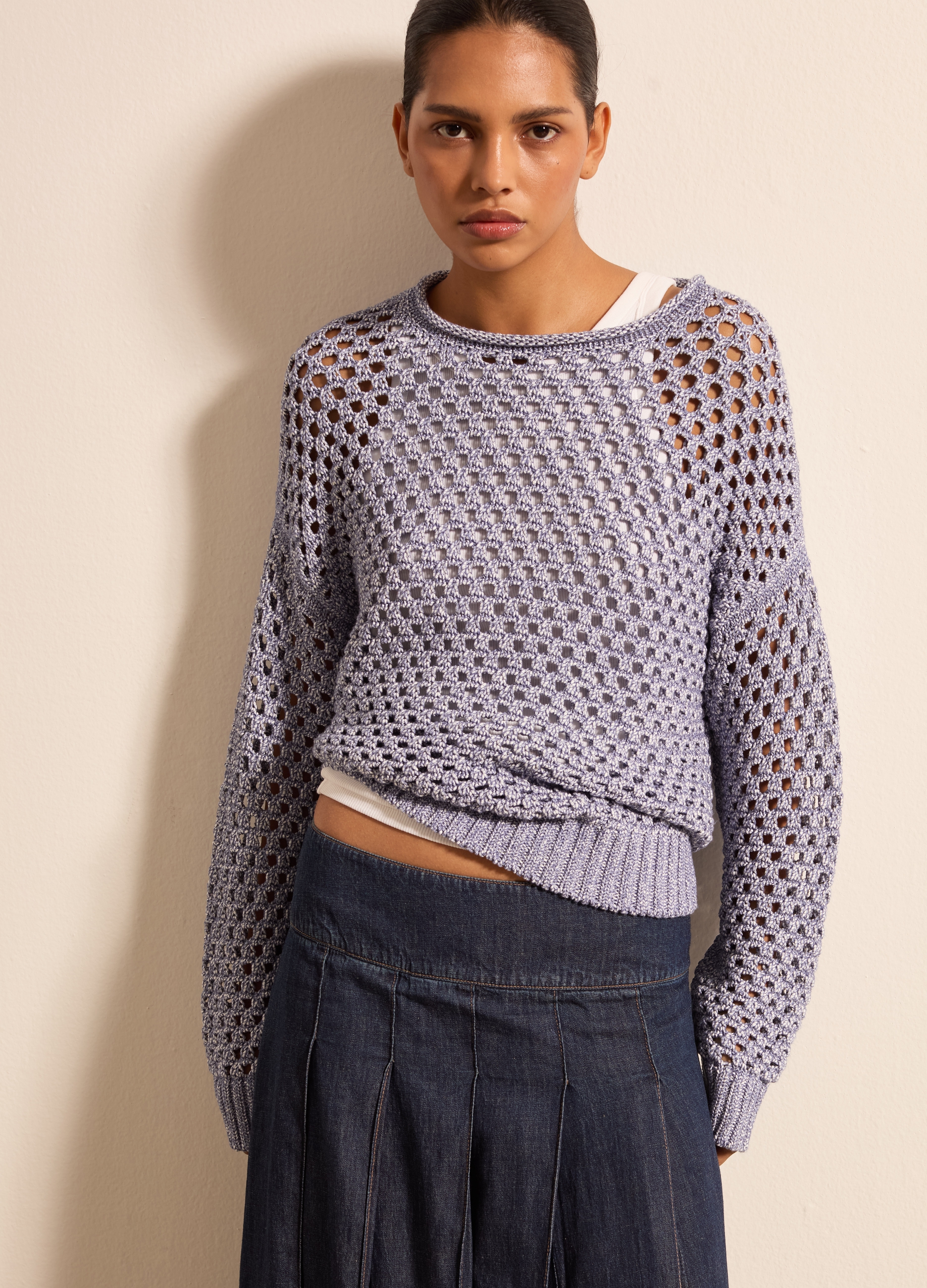 Stefanel - Maglia traforata con scollo a barca, Donna, Blu metallico, Taglia XS