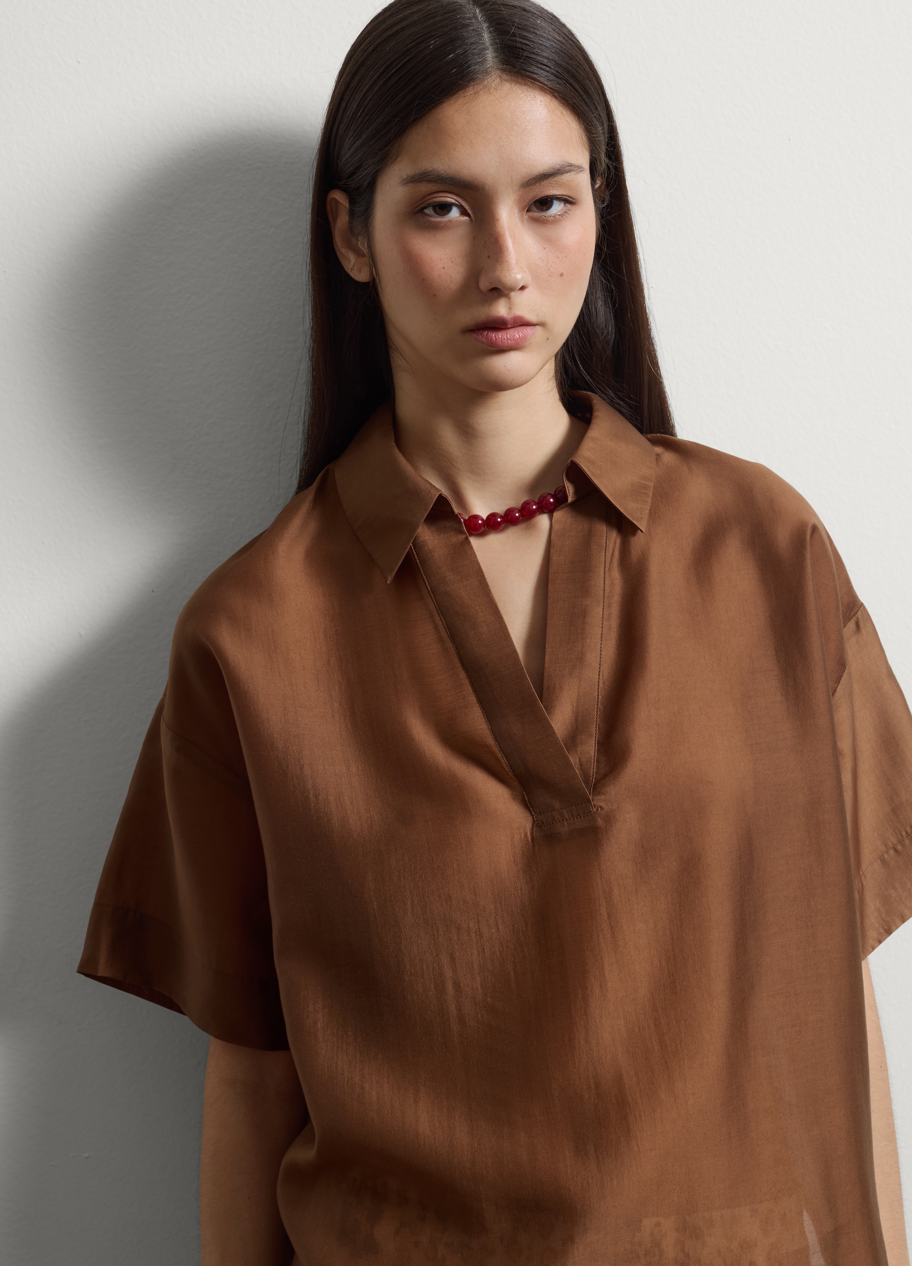 Stefanel - Camicia a maniche corte in misto lyocell marrone regular fit, Donna, Marrone chiaro, Taglia XL