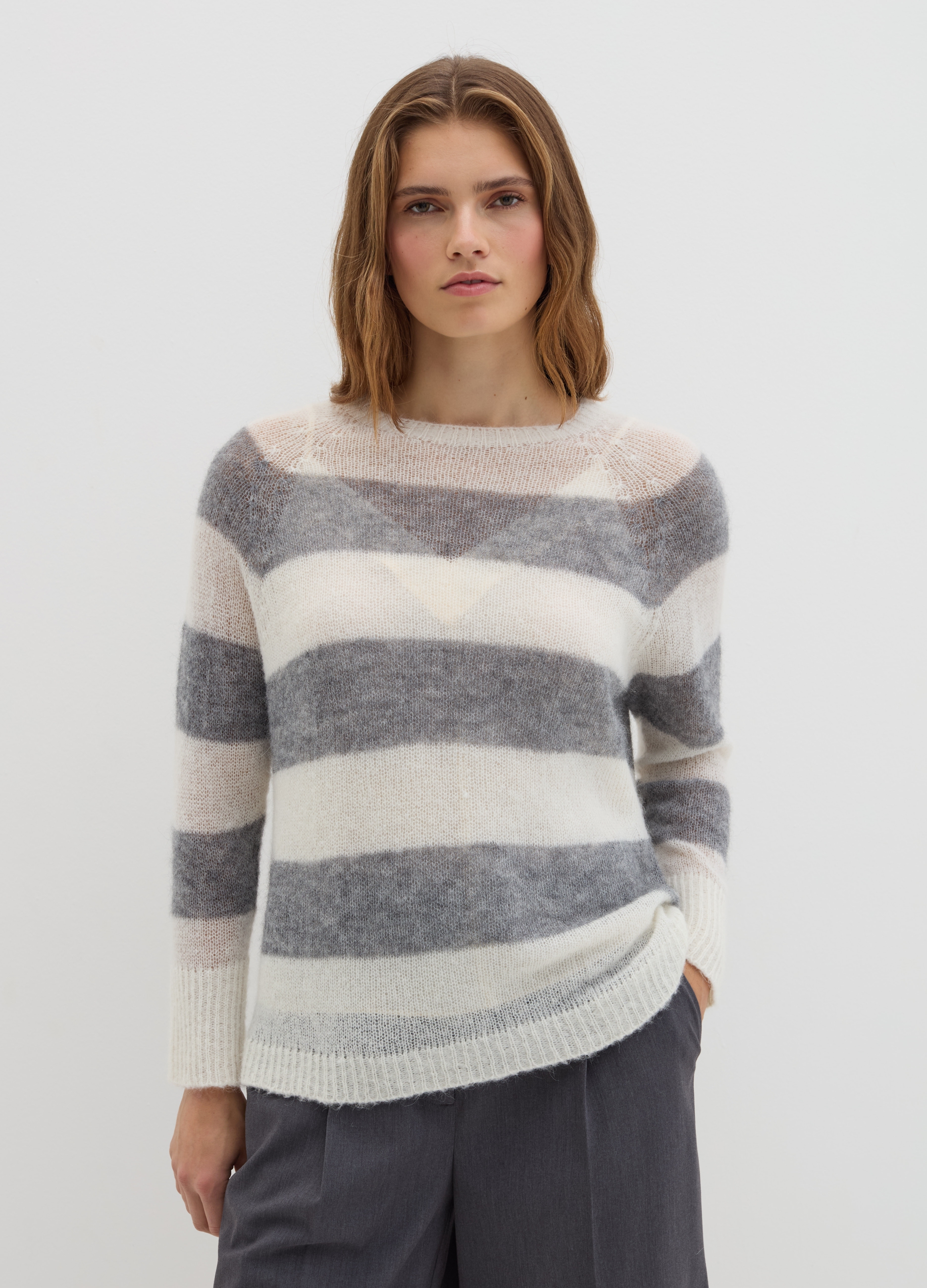 Stefanel - Maglia in alpaca leggero a righe, Donna, Bianco/Grigio, Taglia XS