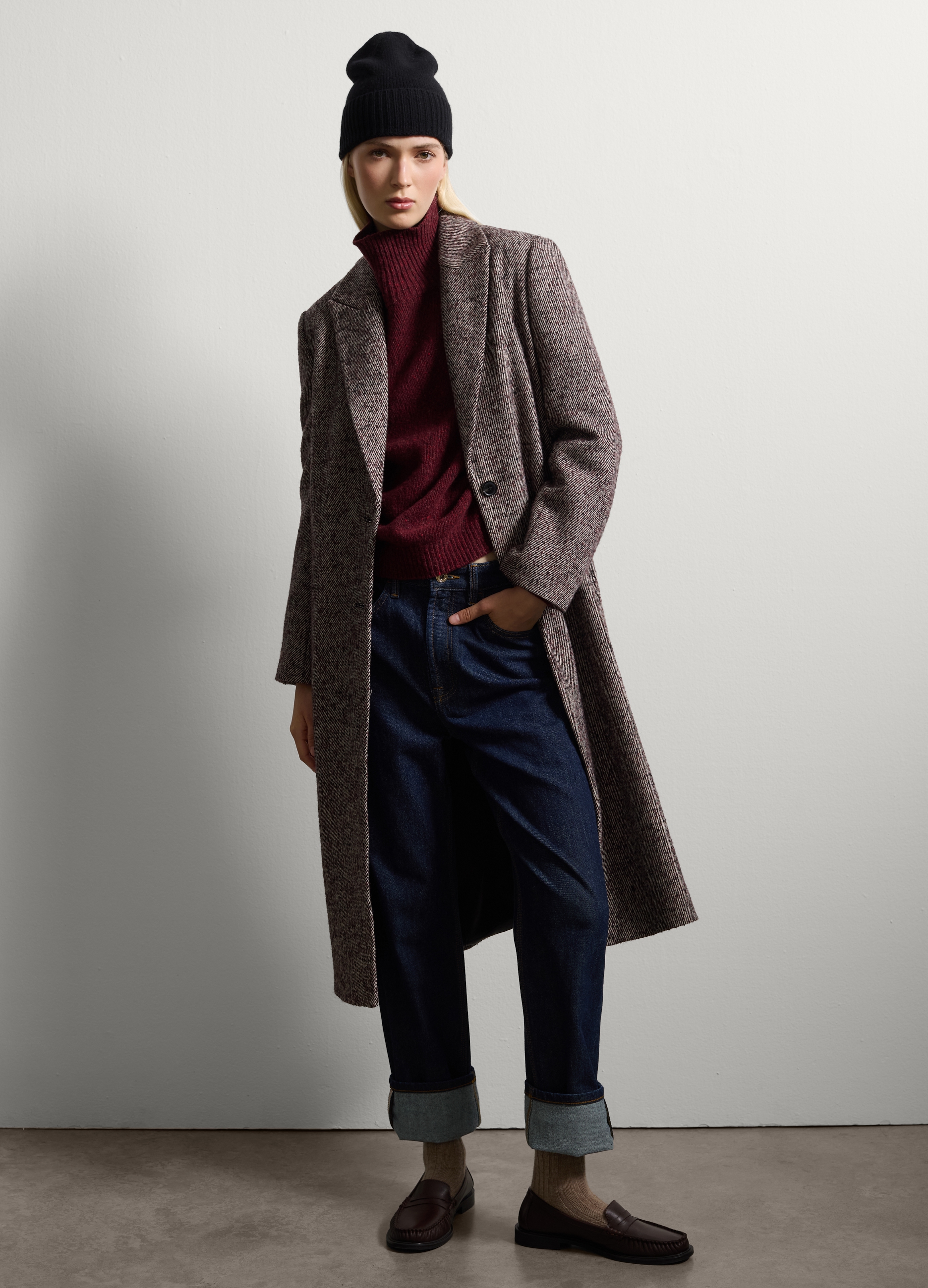 Stefanel - Cappotto lungo in misto lana marrone mélange, Donna, Marrone/Grigio, Taglia L