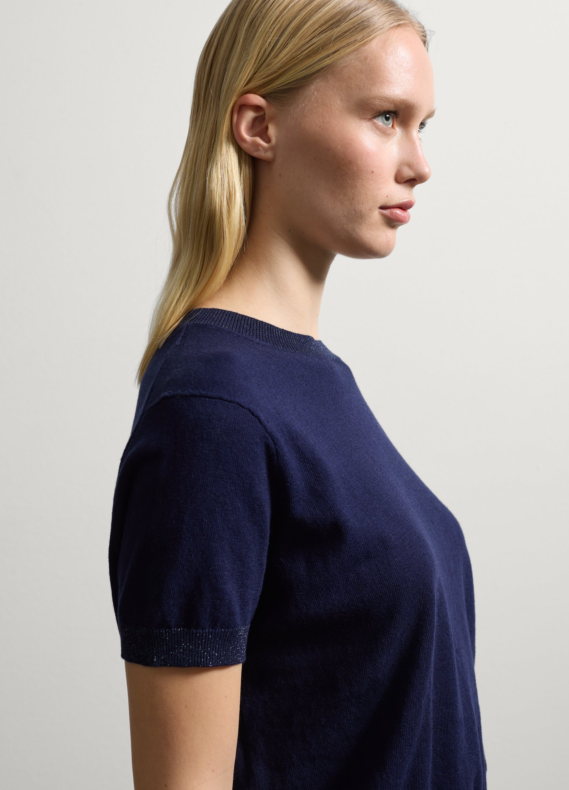 Stefanel - Maglia a maniche corte in cotone e lino, Donna, Blu Notte, Taglia XS