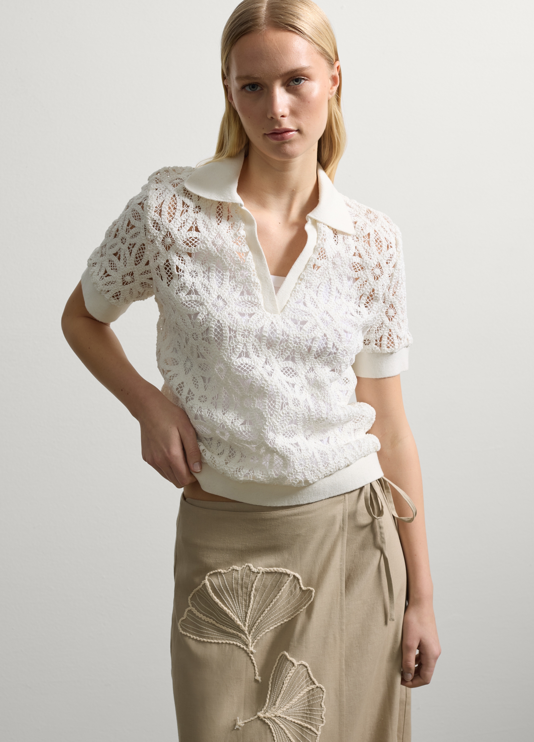 Stefanel - Maglia in pizzo con scollo a polo, Donna, Bianco latte, Taglia XS