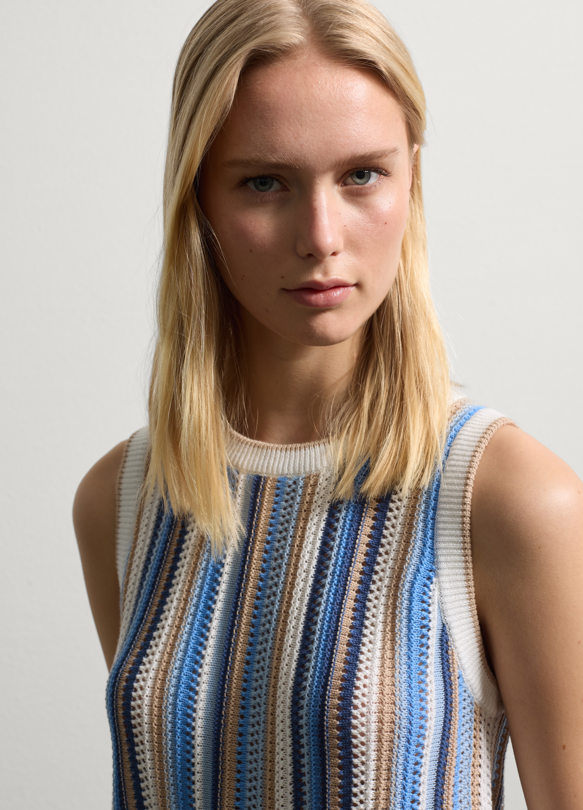 Stefanel - Tank top a righe verticali con frange, Donna, Blu/Azzurro, Taglia XS