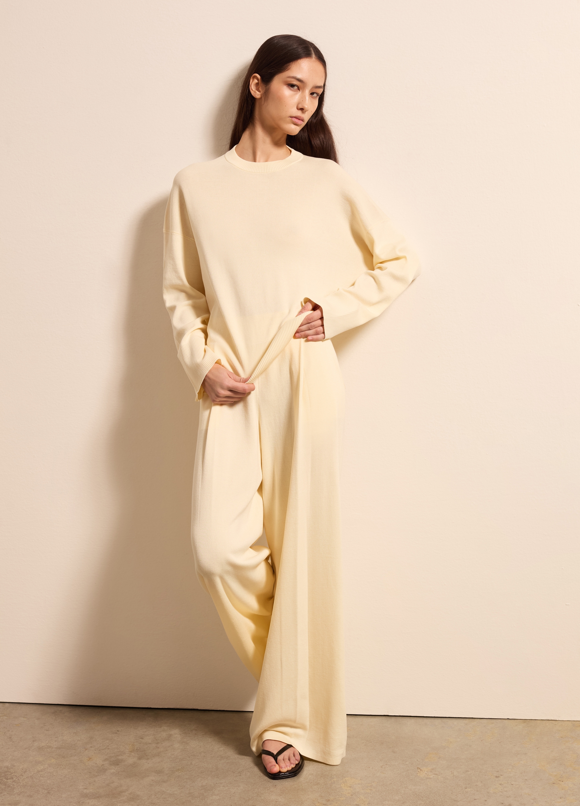 Stefanel - Pantalone a gamba larga in cotone, Donna, Crema, Taglia XS