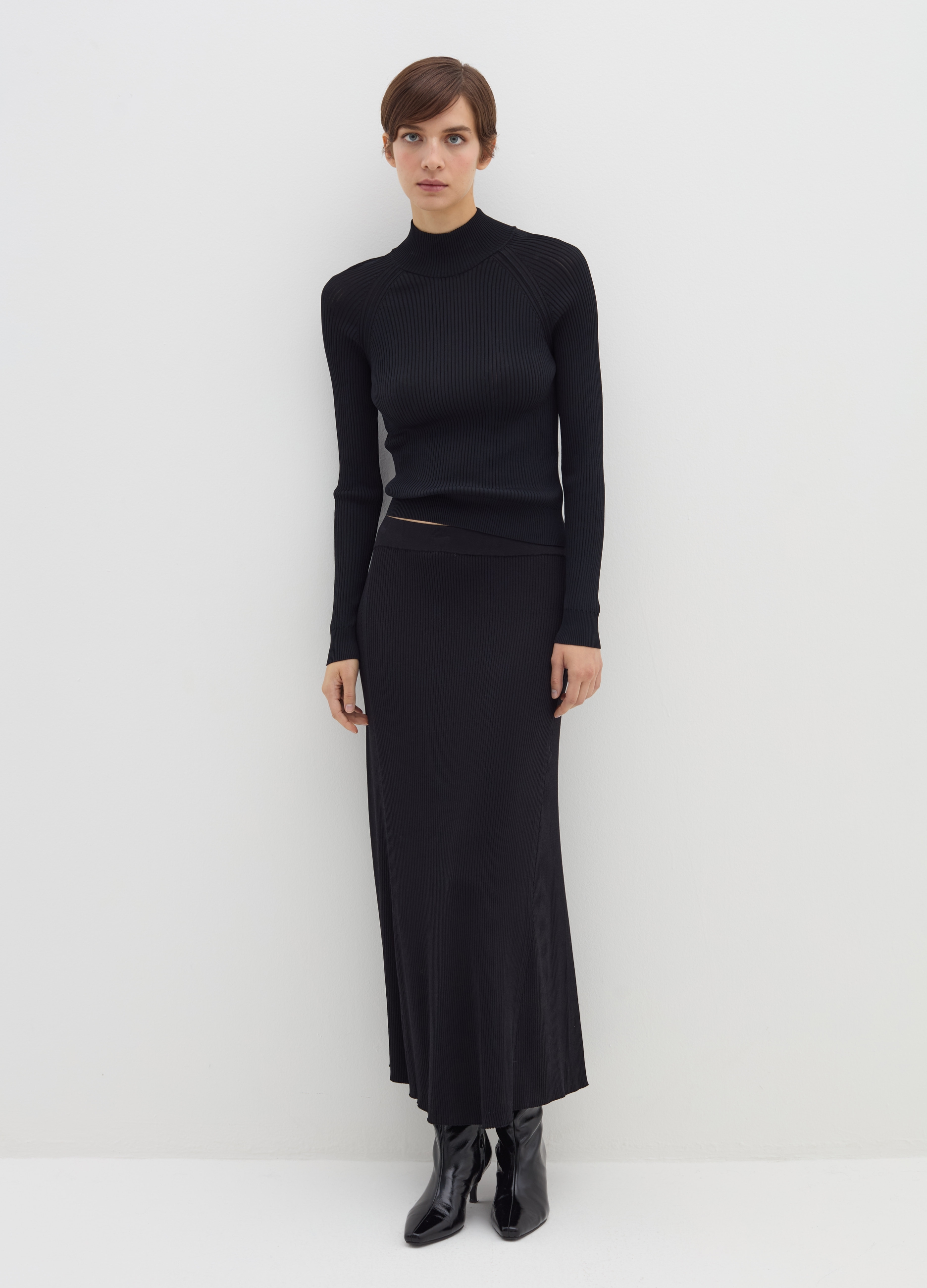 Stefanel - Maglia a coste piatte mock neck, Donna, Nero, Taglia XS