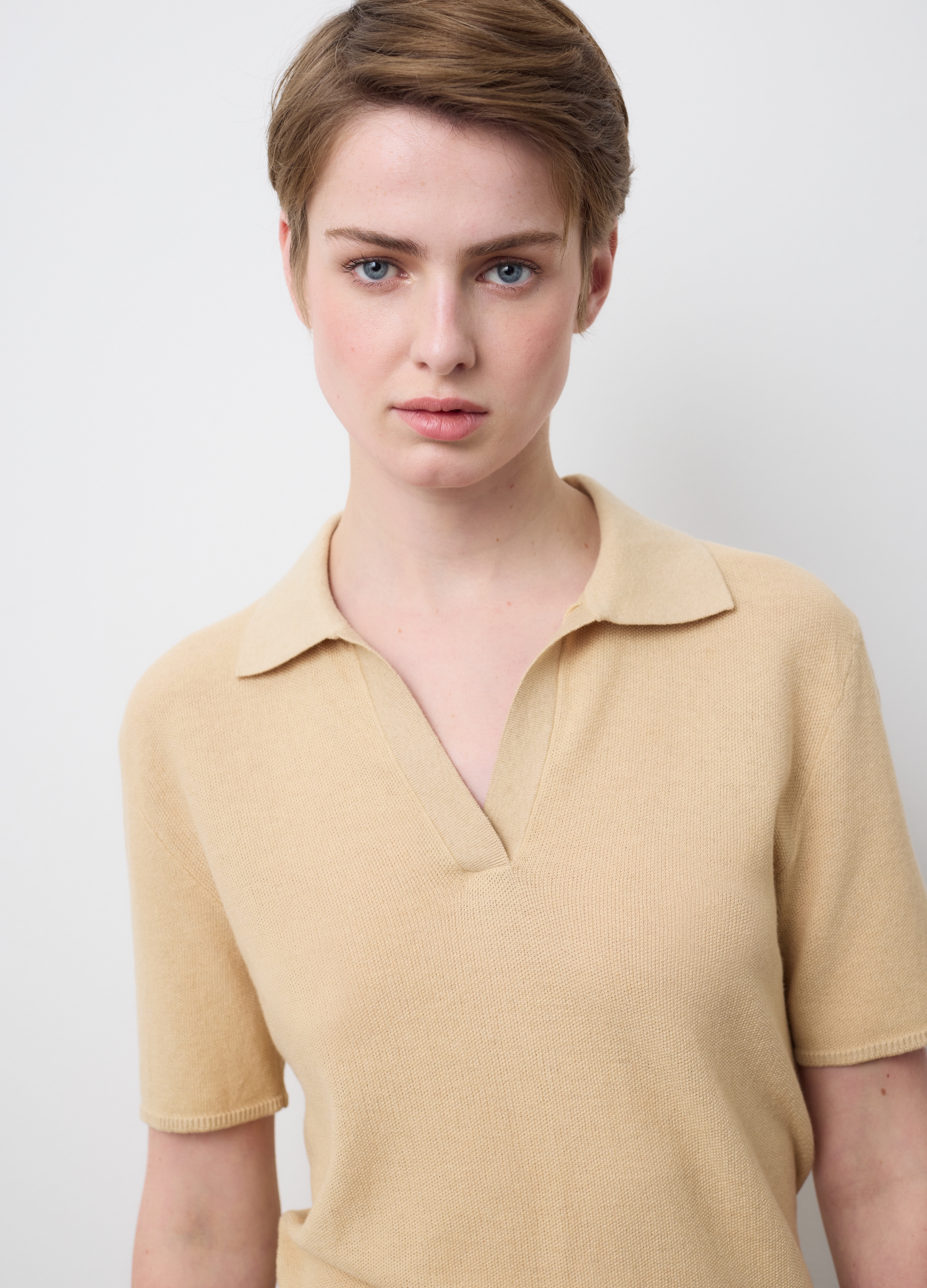 Stefanel - Polo in misto cotone e cashmere beige regular fit, Donna, Beige melange, Taglia S