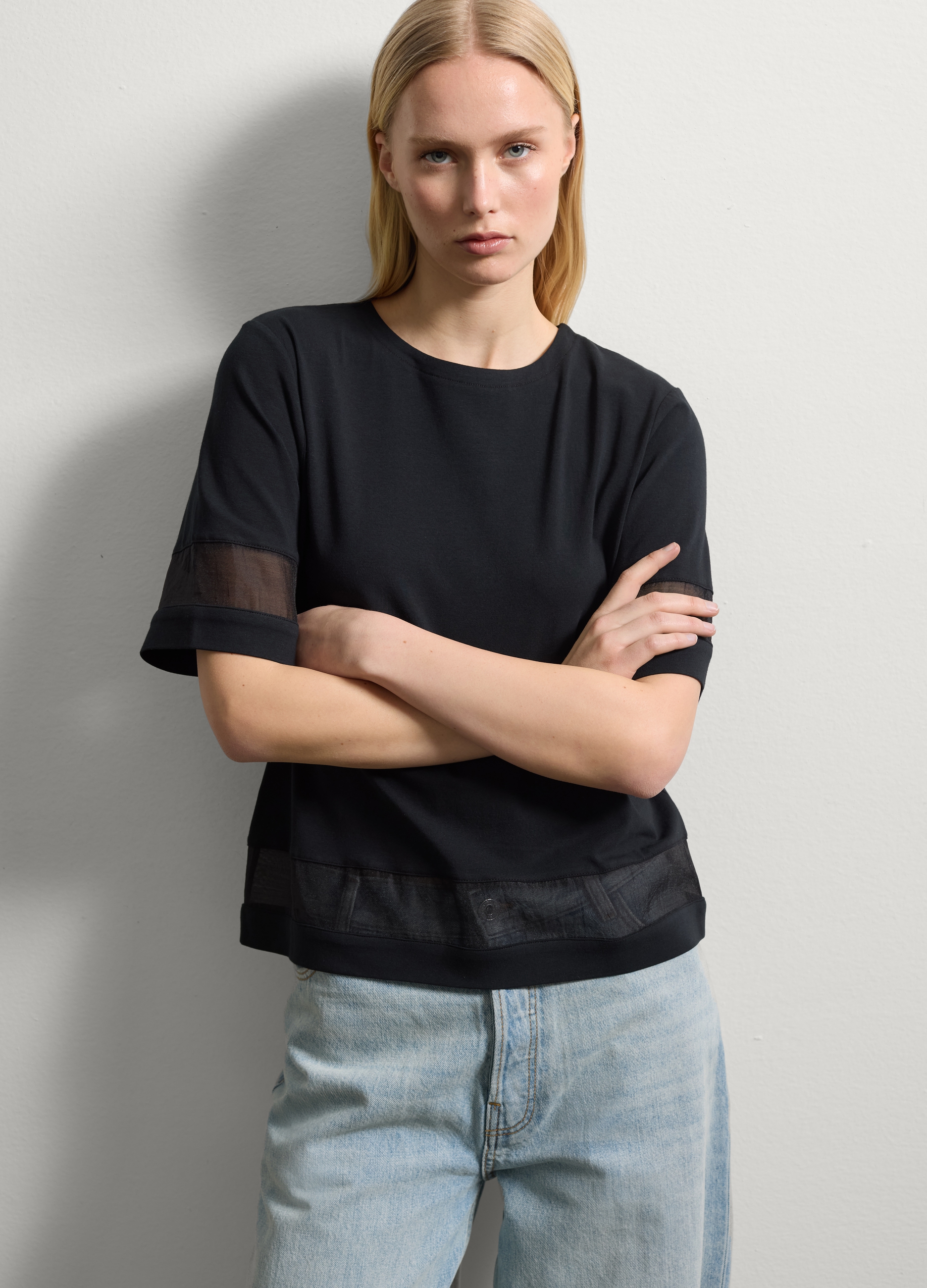 Stefanel - T-shirt con dettagli semi trasparenti, Donna, Nero, Taglia XS