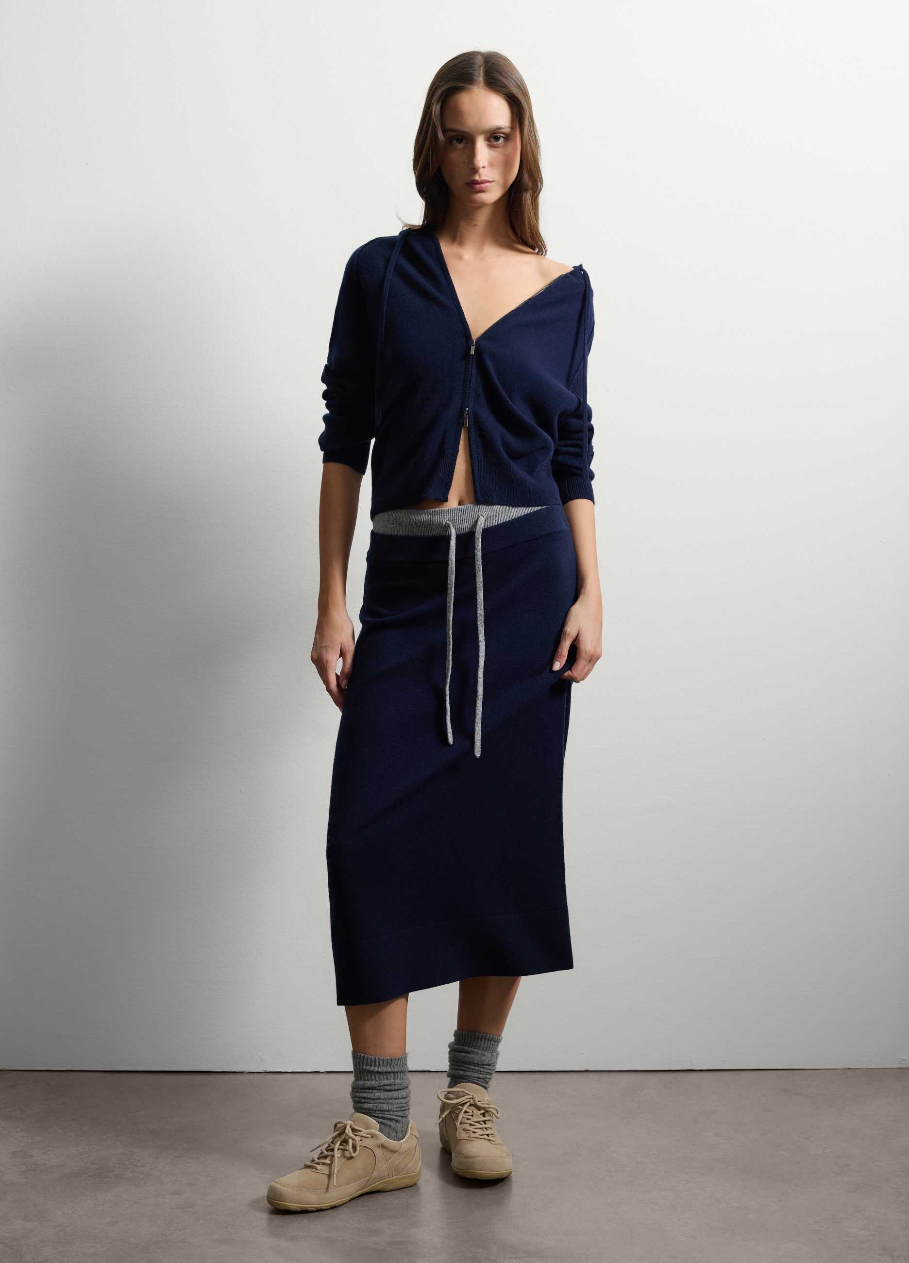 Stefanel - Cardigan in lana e cashmere con zip e cappuccio, Donna, Blu navy, Taglia XS