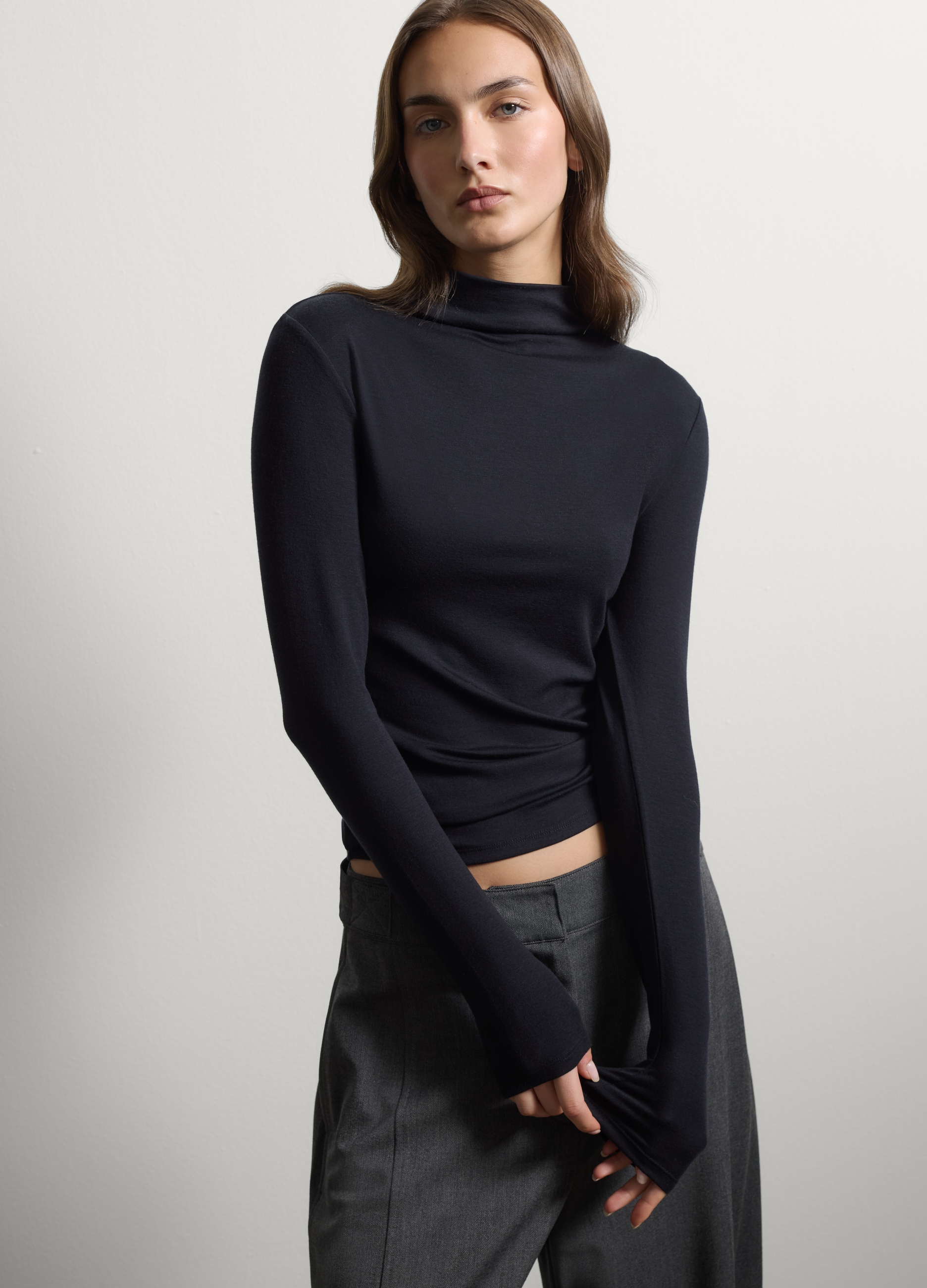 Stefanel - T-shirt nera in lyocell e lana elasticizzata girocollo regular fit, Donna, Nero, Taglia XL