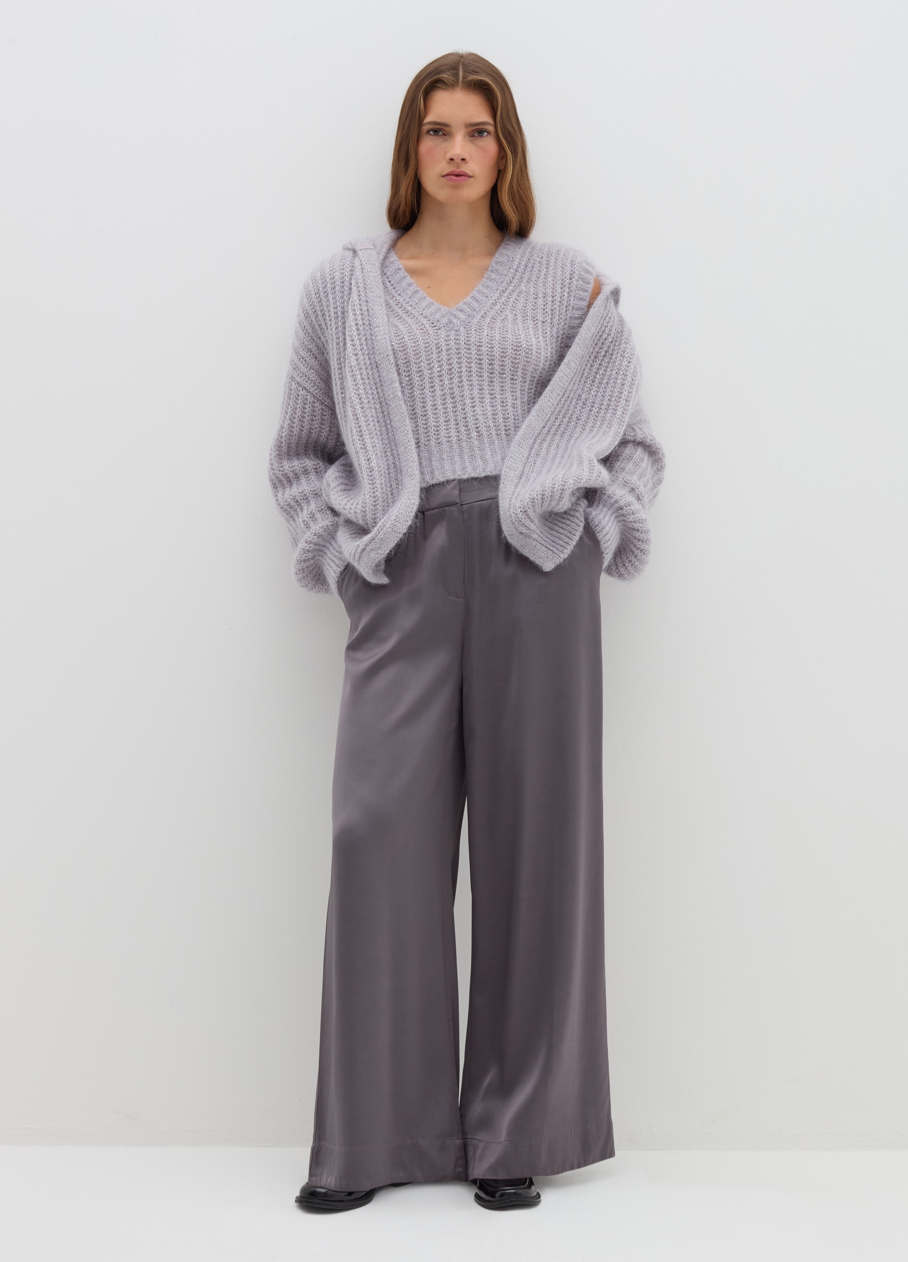 Stefanel - Pantalone fluido pigiama in viscosa satin, Donna, Grigio fumo, Taglia 38