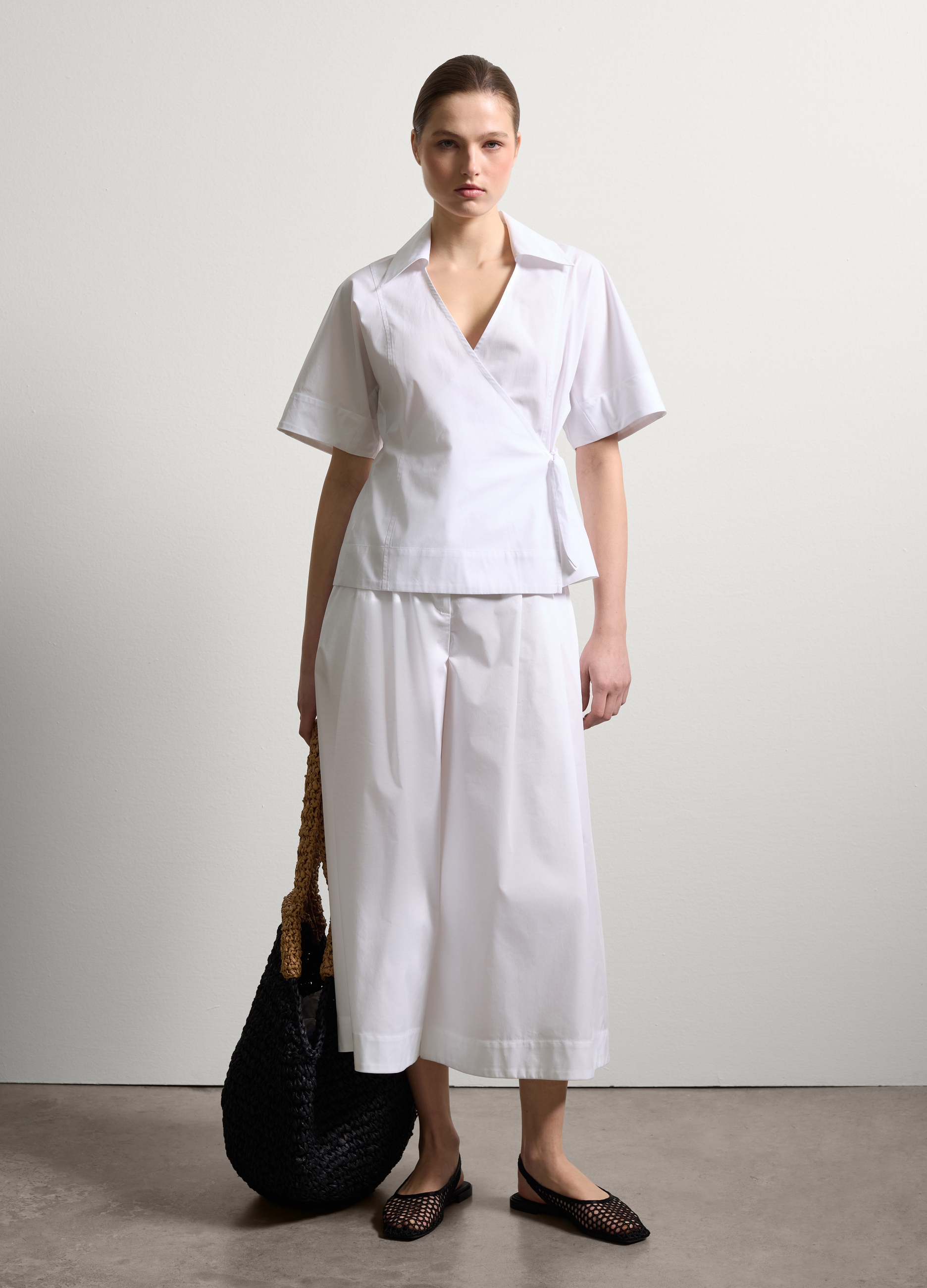 Stefanel - Pantalone cropped straight fit a gamba larga, Donna, Bianco ottico, Taglia 38