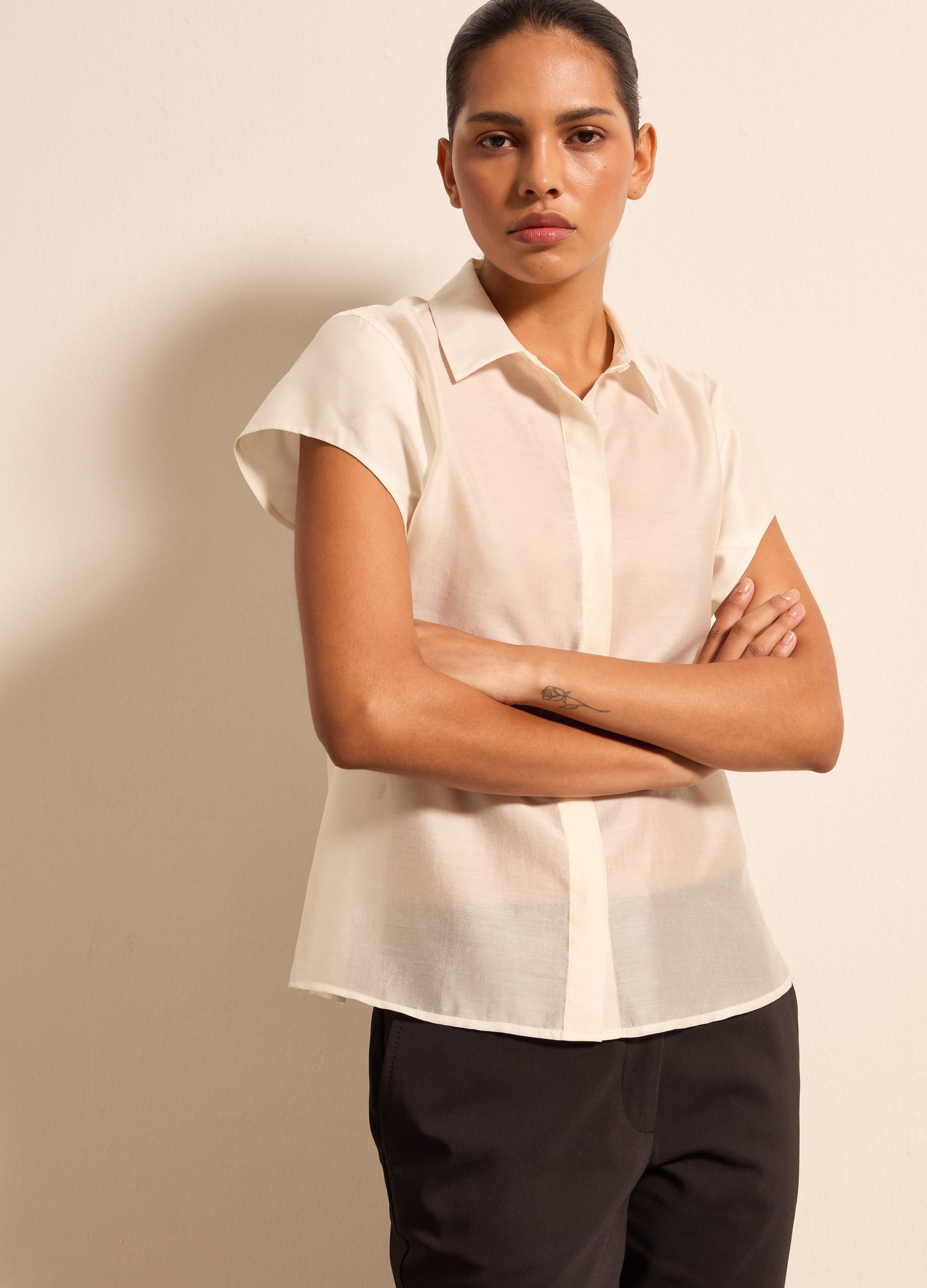 Stefanel - Camicia con maniche corte, Donna, Bianco panna, Taglia XS